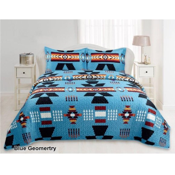 Geometric Print Bedding Set Queen & King Size Quilted Bedspreads Velvet Blue - Picture 1 of 1